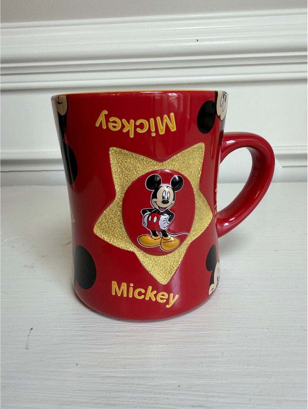 Disney Mickey Mouse Red Yellow Gold Star Coffee Mug. 4.5”